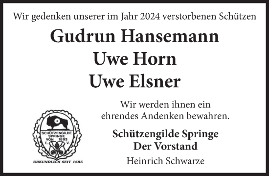 Traueranzeige von Wir gedenken unserer im Jahr 2024 verstorbenen Schützen  von Neue Deister-Zeitung