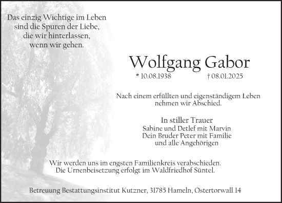Traueranzeige von Wolfgang Gabor von Deister- und Weserzeitung
