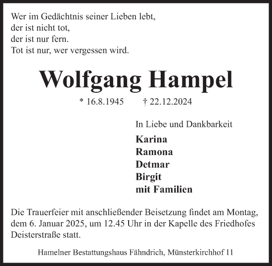 Traueranzeige von Wolfgang Hampel von Deister- und Weserzeitung