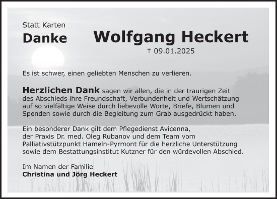 Traueranzeige von Wolfgang Heckert von Deister- und Weserzeitung
