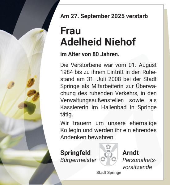 Traueranzeige von Adelheid Niehof von Neue Deister-Zeitung