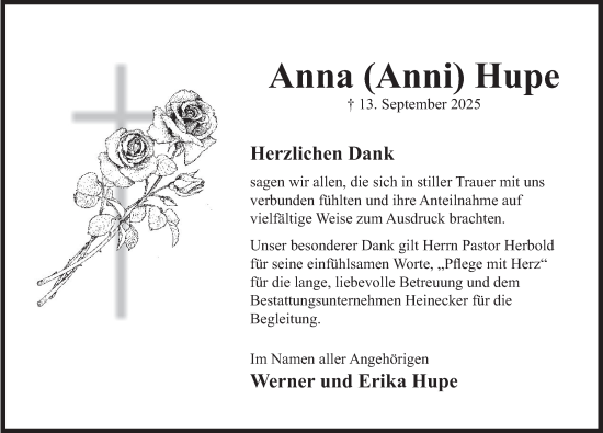 Traueranzeige von Anna Hupe von Deister- und Weserzeitung
