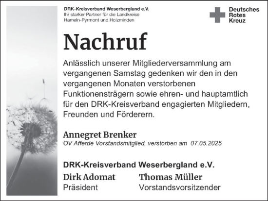 Traueranzeige von Annegret Brenker von Deister- und Weserzeitung