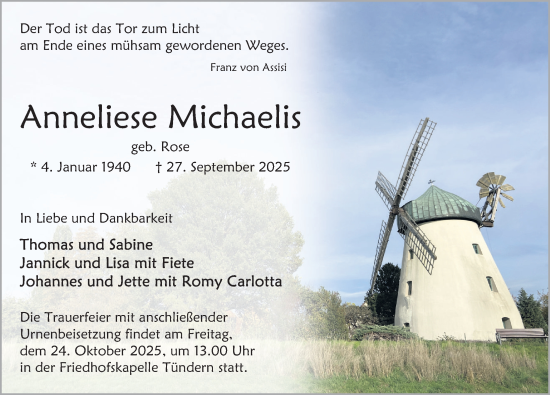 Traueranzeige von Anneliese Michaelis von Deister- und Weserzeitung