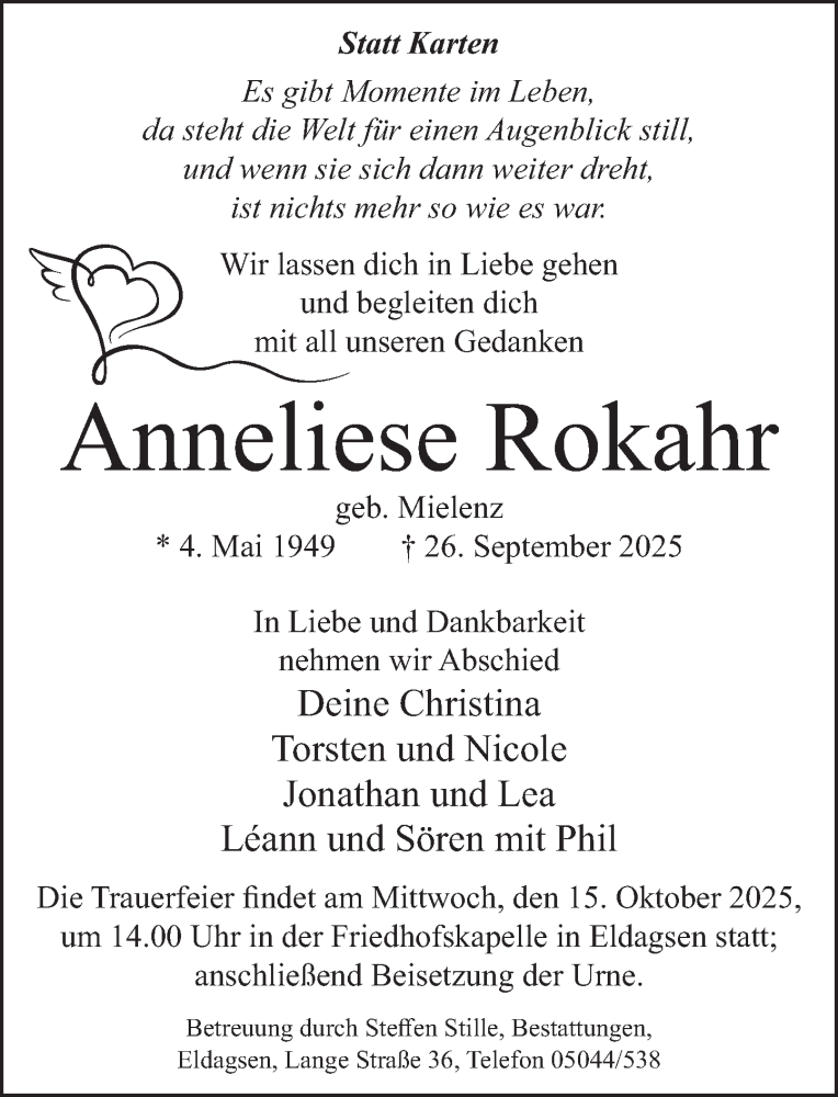  Traueranzeige für Anneliese Rokahr vom 11.10.2025 aus Neue Deister-Zeitung