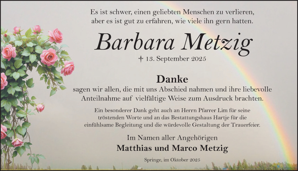  Traueranzeige für Barbara Metzig vom 11.10.2025 aus Neue Deister-Zeitung
