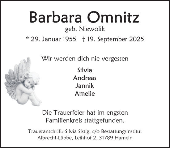 Traueranzeige von Barbara Omnitz von Deister- und Weserzeitung