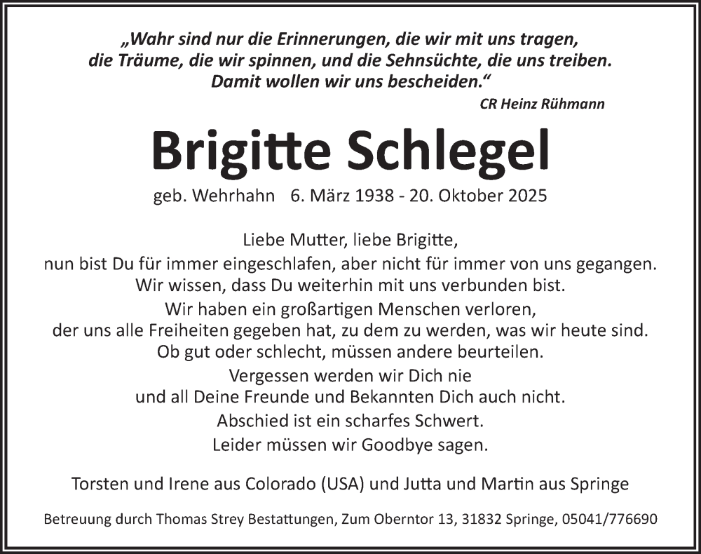  Traueranzeige für Brigitte Schlegel vom 01.11.2025 aus Neue Deister-Zeitung
