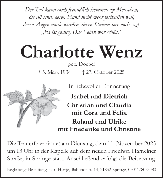 Traueranzeige von Charlotte Wenz von Neue Deister-Zeitung