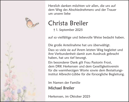 Traueranzeige von Christa Breiler von Deister- und Weserzeitung
