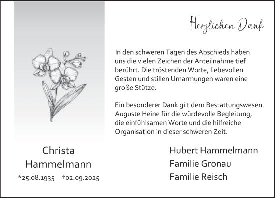 Traueranzeige von Christa Hammelmann von Deister- und Weserzeitung