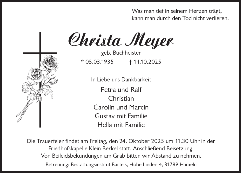 Traueranzeige für Christa Meyer vom 18.10.2025 aus Deister- und Weserzeitung