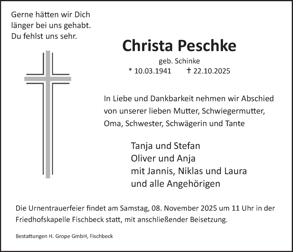  Traueranzeige für Christa Peschke vom 01.11.2025 aus Deister- und Weserzeitung