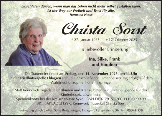 Traueranzeige von Christa Sorst von Neue Deister-Zeitung