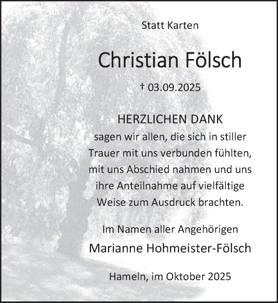  Traueranzeige für Christian Fölsch vom 11.10.2025 aus Deister- und Weserzeitung