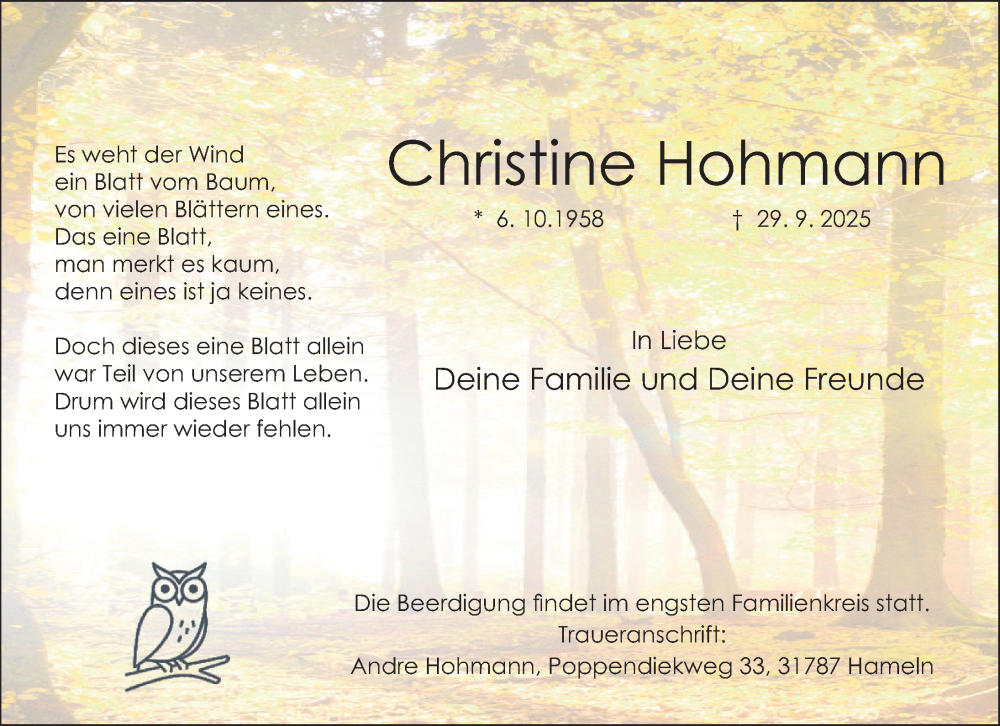  Traueranzeige für Christine Hohmann vom 11.10.2025 aus Deister- und Weserzeitung