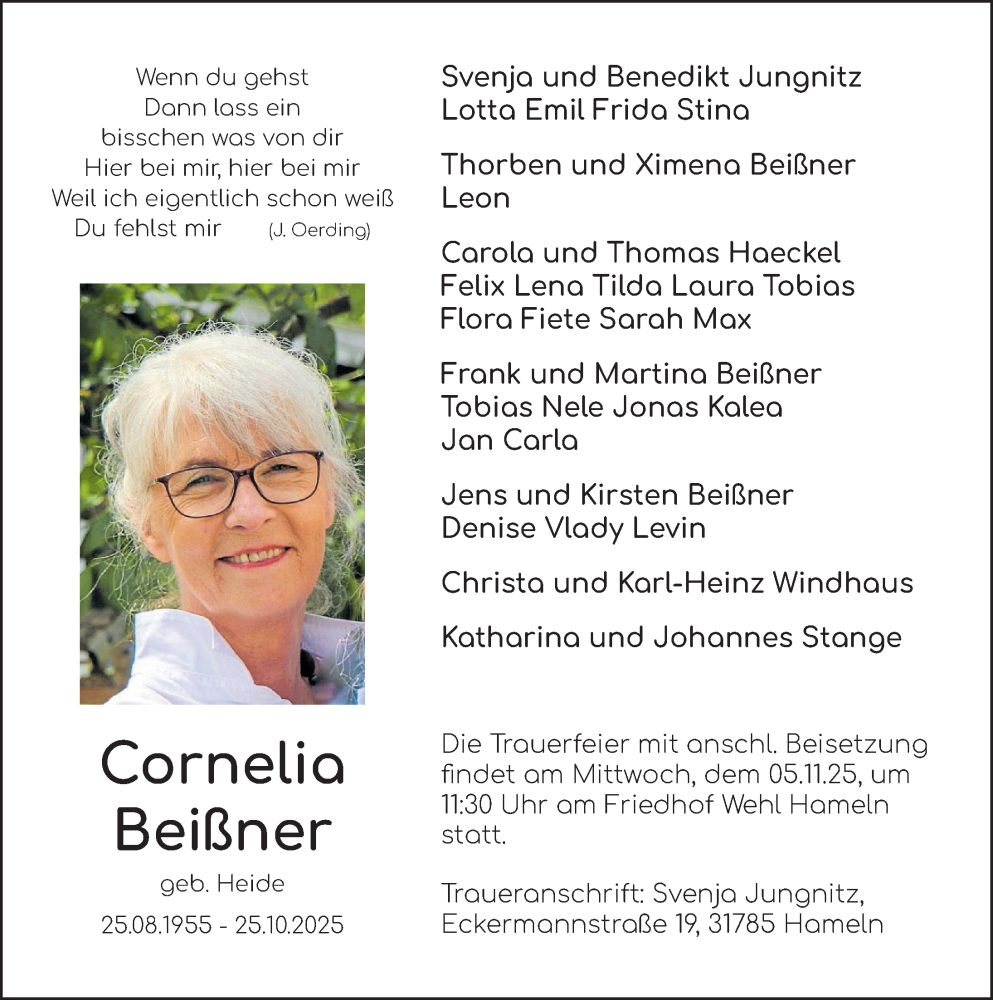  Traueranzeige für Cornelia Beißner vom 01.11.2025 aus Deister- und Weserzeitung