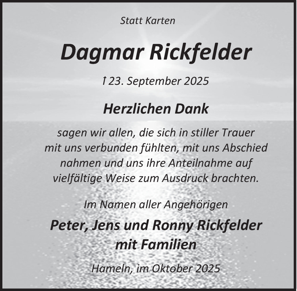 Traueranzeige für Dagmar Rickfelder vom 25.10.2025 aus Deister- und Weserzeitung