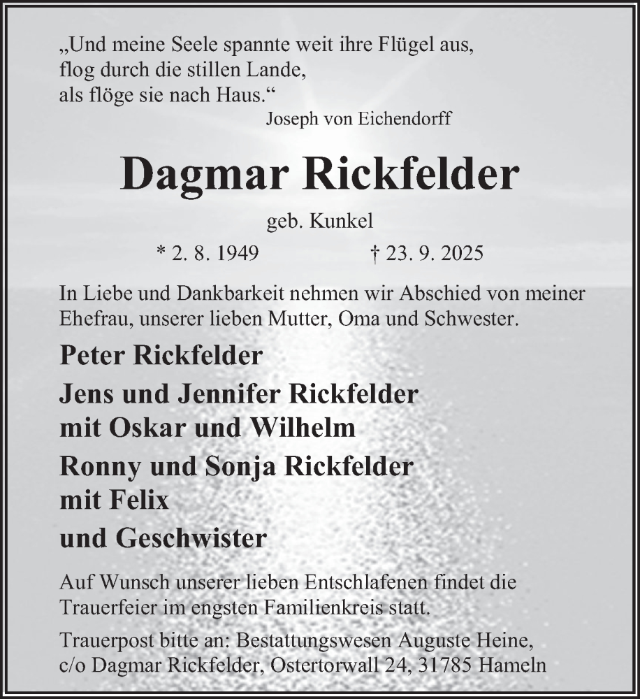  Traueranzeige für Dagmar Rickfelder vom 04.10.2025 aus Deister- und Weserzeitung