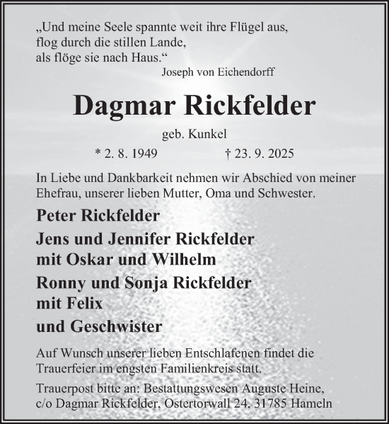 Traueranzeige von Dagmar Rickfelder von Deister- und Weserzeitung
