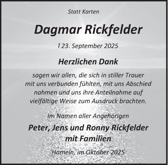 Traueranzeige von Dagmar Rickfelder von Deister- und Weserzeitung