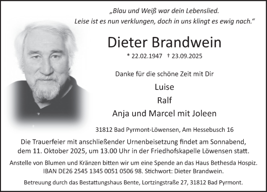 Traueranzeige von Dieter Brandwein von Deister- und Weserzeitung