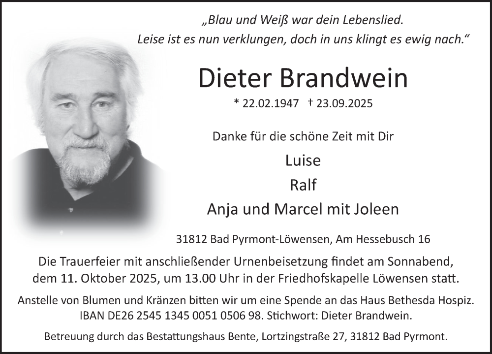  Traueranzeige für Dieter Brandwein vom 04.10.2025 aus Deister- und Weserzeitung