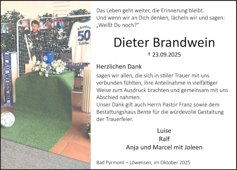  Traueranzeige für Dieter Brandwein vom 25.10.2025 aus Deister- und Weserzeitung