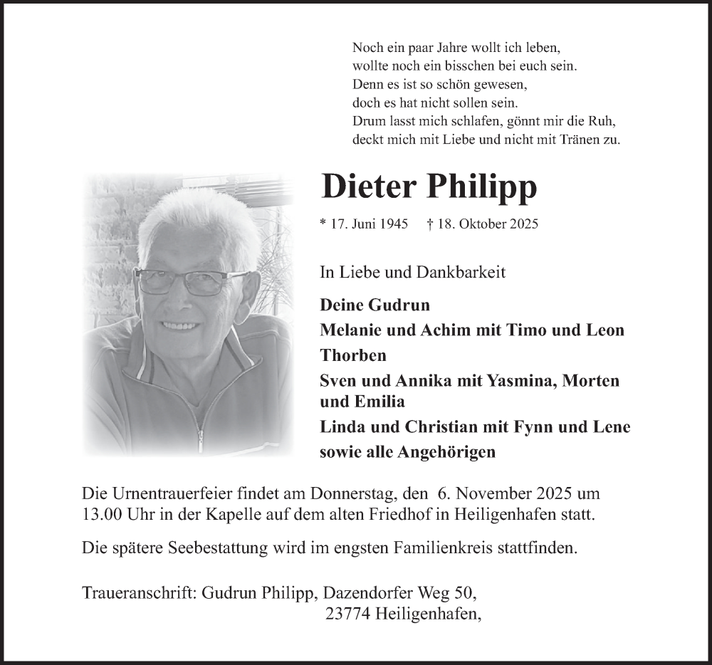  Traueranzeige für Dieter Philipp vom 01.11.2025 aus Deister- und Weserzeitung
