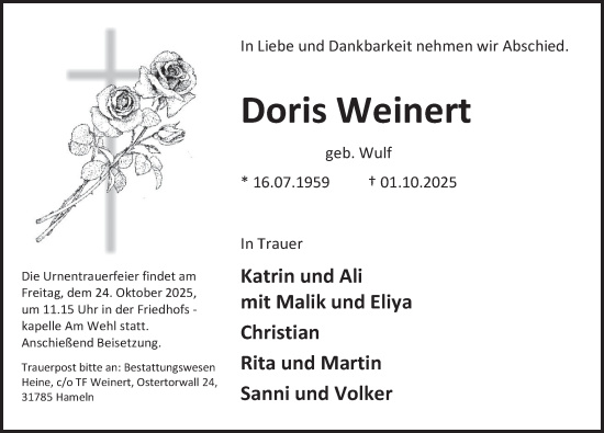 Traueranzeige von Doris Weinert von Deister- und Weserzeitung