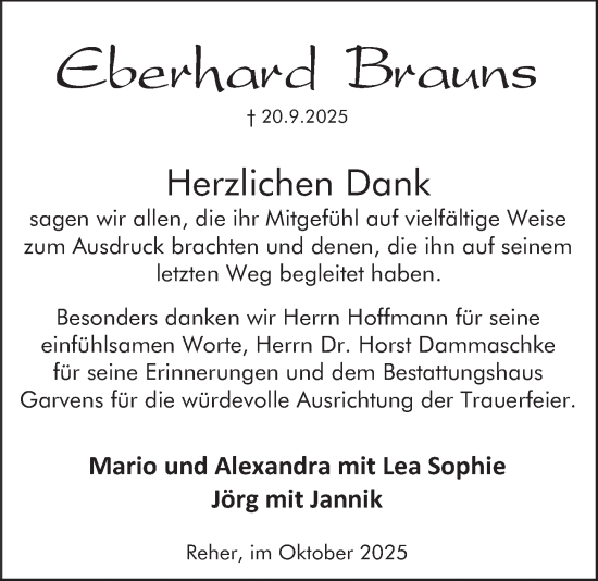 Traueranzeige von Eberhard Brauns von Deister- und Weserzeitung