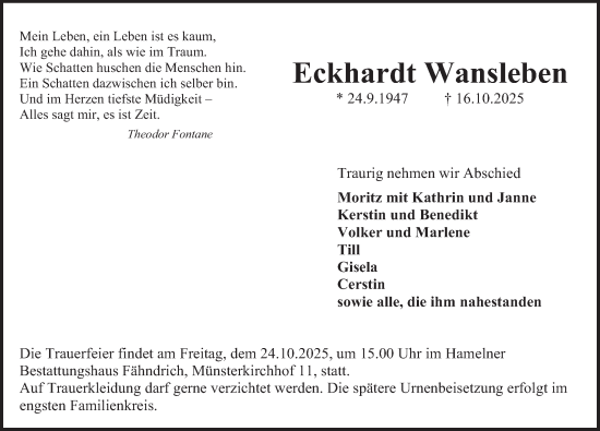 Traueranzeige von Eckhardt Wansleben von Deister- und Weserzeitung