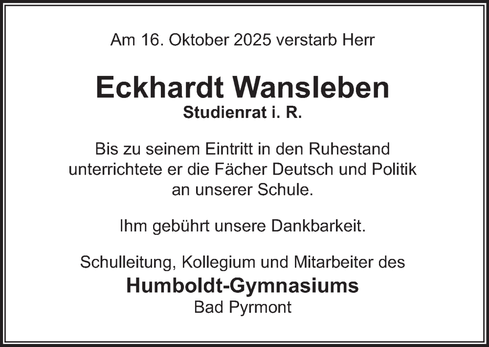  Traueranzeige für Eckhardt Wansleben vom 23.10.2025 aus Deister- und Weserzeitung