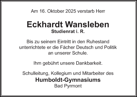 Traueranzeige von Eckhardt Wansleben von Deister- und Weserzeitung
