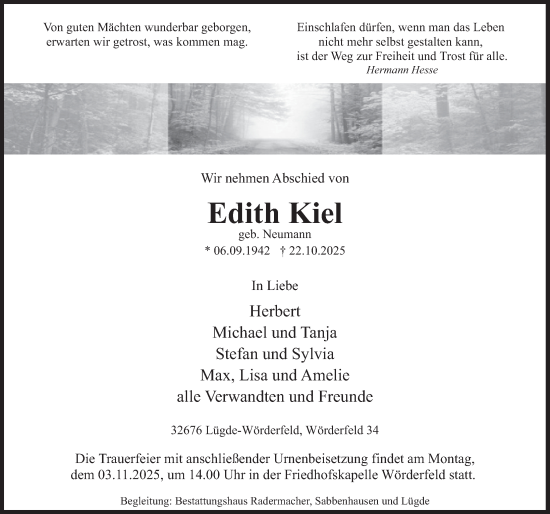 Traueranzeige von Edith Kiel von Deister- und Weserzeitung