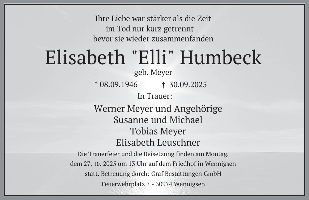  Traueranzeige für Elisabeth Humbeck vom 17.10.2025 aus Deister- und Weserzeitung