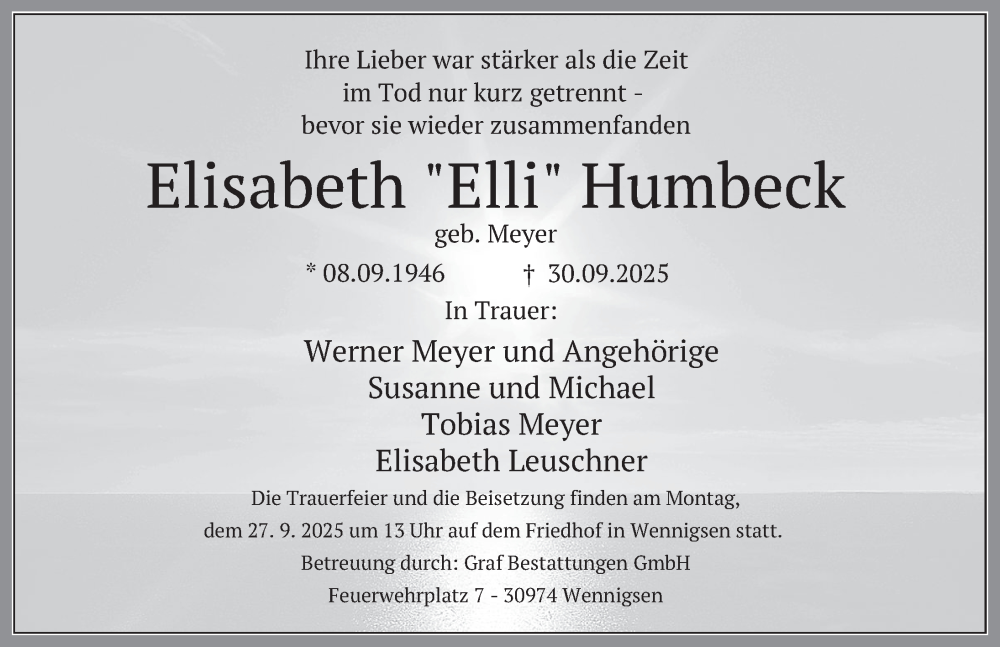  Traueranzeige für Elisabeth Humbeck vom 17.10.2025 aus Deister- und Weserzeitung