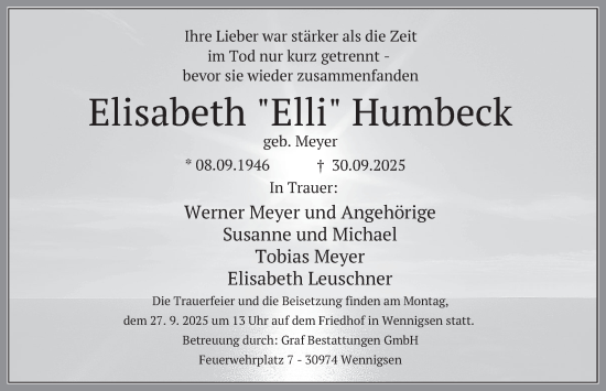Traueranzeige von Elisabeth Humbeck von Deister- und Weserzeitung