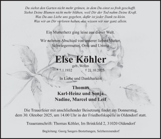 Traueranzeige von Else Köhler von Deister- und Weserzeitung