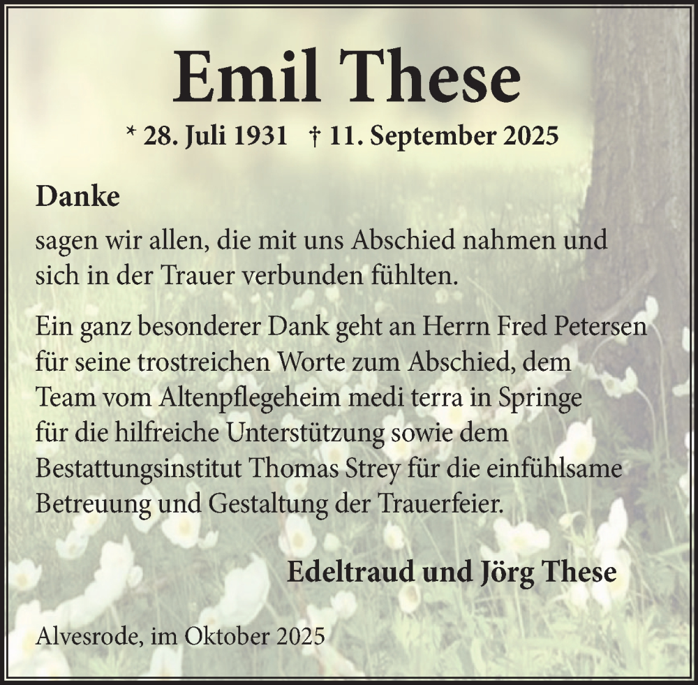  Traueranzeige für Emil These vom 11.10.2025 aus Neue Deister-Zeitung