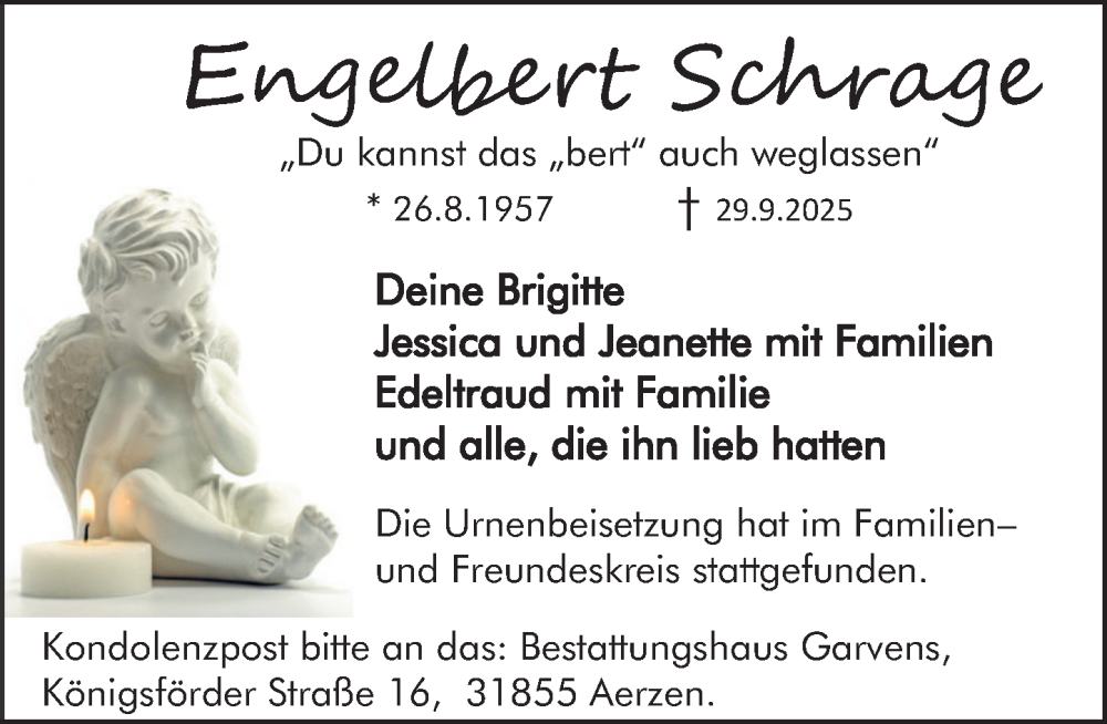  Traueranzeige für Engelbert Schrage vom 18.10.2025 aus Deister- und Weserzeitung