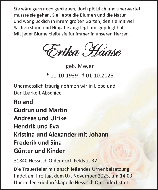 Traueranzeige von Erika Haase von Deister- und Weserzeitung