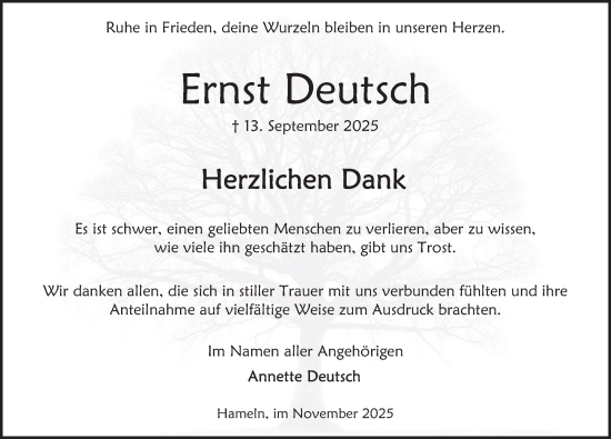 Traueranzeige von Ernst Deutsch von Deister- und Weserzeitung
