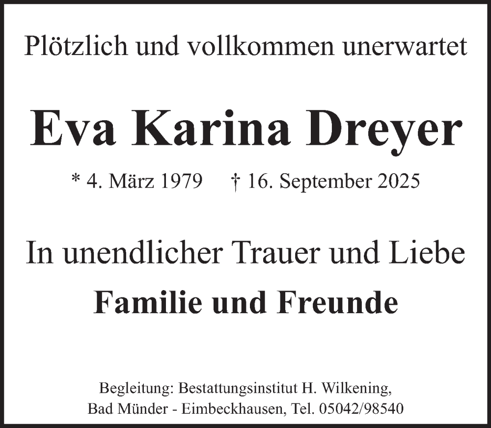 Traueranzeige für Eva Karina Dreyer vom 11.10.2025 aus Neue Deister-Zeitung