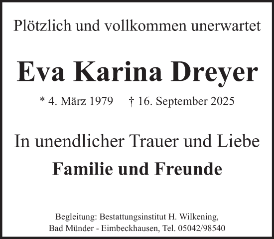 Traueranzeige von Eva Karina Dreyer von Neue Deister-Zeitung