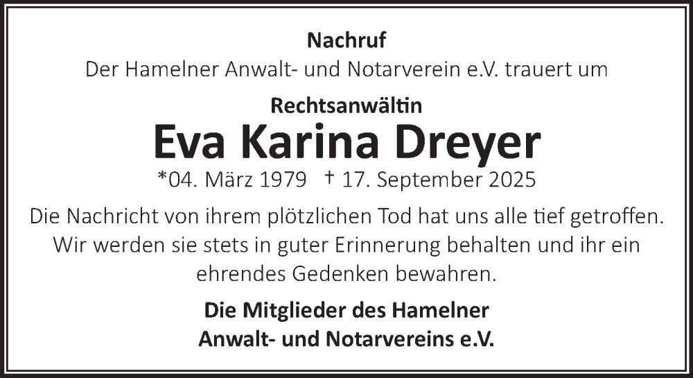 Traueranzeige für Eva Karina Dreyer vom 25.10.2025 aus Deister- und Weserzeitung
