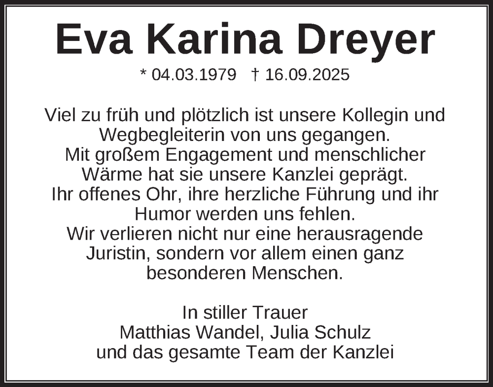  Traueranzeige für Eva Karina Dreyer vom 18.10.2025 aus Neue Deister-Zeitung