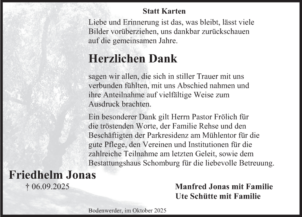  Traueranzeige für Friedhelm Jonas vom 18.10.2025 aus Deister- und Weserzeitung