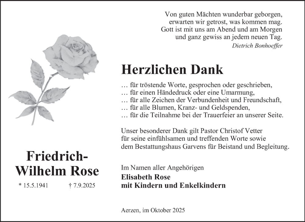  Traueranzeige für Friedrich-Wilhelm Rose vom 04.10.2025 aus Deister- und Weserzeitung
