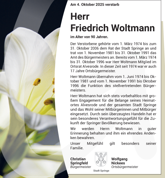 Traueranzeige von Friedrich Woltmann von Neue Deister-Zeitung